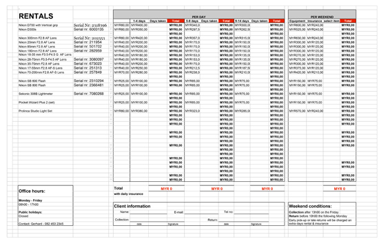 TselaNoka Rentals Pricelist